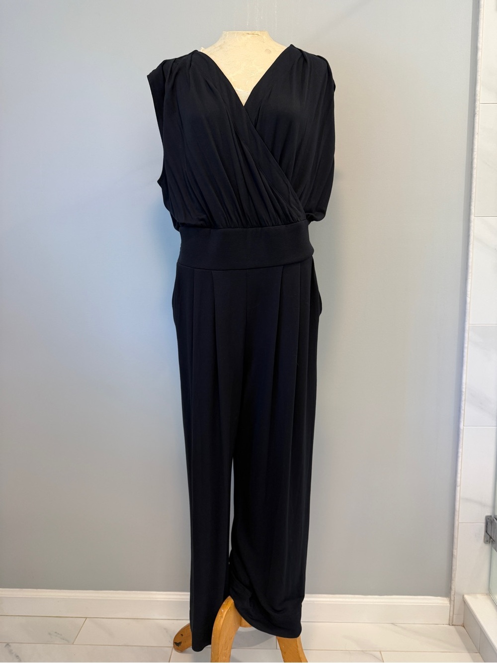CAbi Black Sleeveless Surplice Wide-Leg Jumpsuit